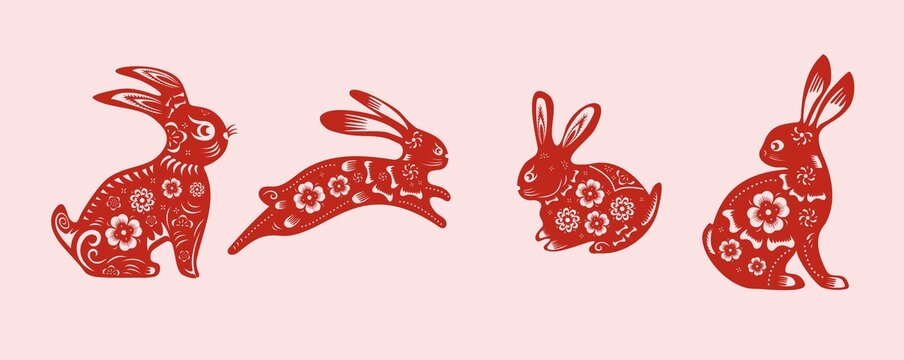 兔年春节兔子剪纸窗花矢量图案