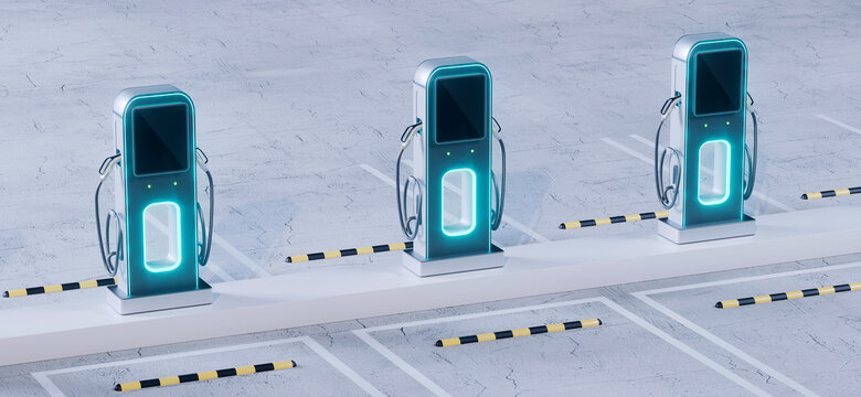 3D渲染停车场上的充电桩