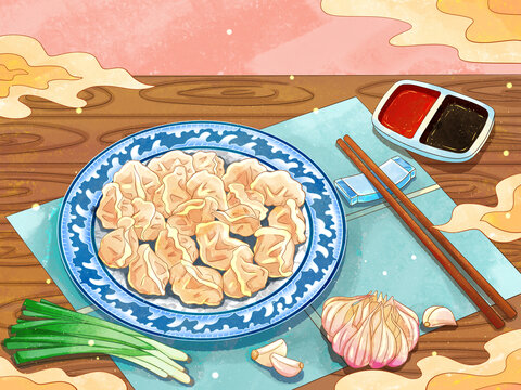 水彩传统美食水饺插画