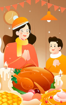 感恩节一家人聚餐吃饭庆祝插画