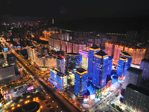 航拍青海西宁海湖新区夜景