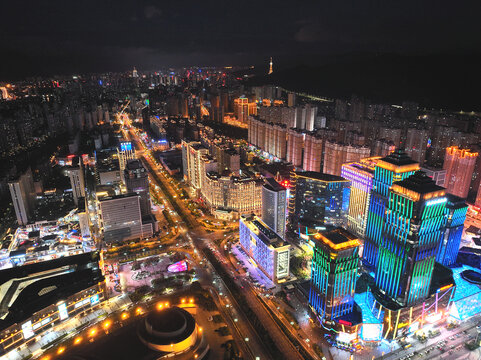 航拍青海西宁海湖新区夜景