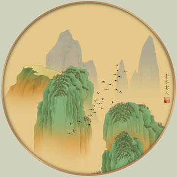 青绿山水圆形镜心