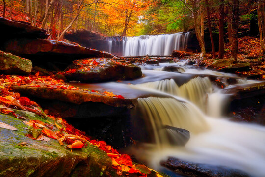 秋天山泉瀑布与小溪