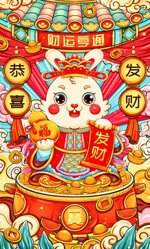 国潮兔年春节抱葫芦的财神兔