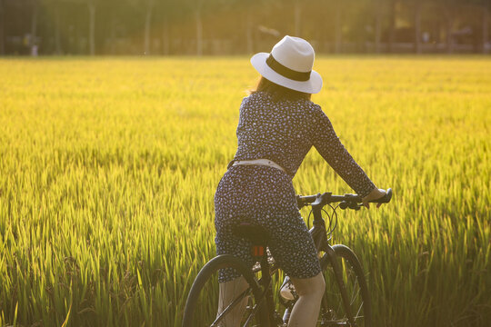 在黄昏乡间骑自行车的女人