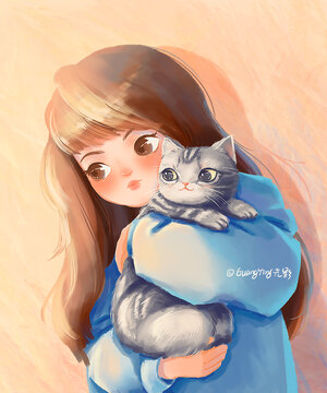 抱猫女孩插画