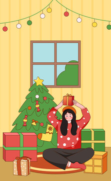 圣诞节女孩礼物插画海报