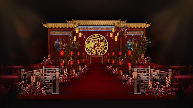 红蓝中式婚礼主舞台
