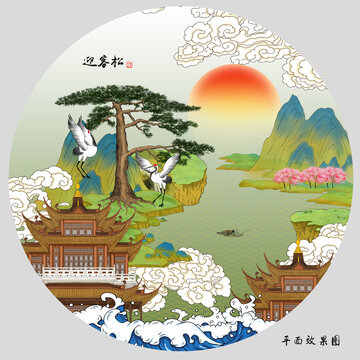 阁楼迎客松仙鹤山水画