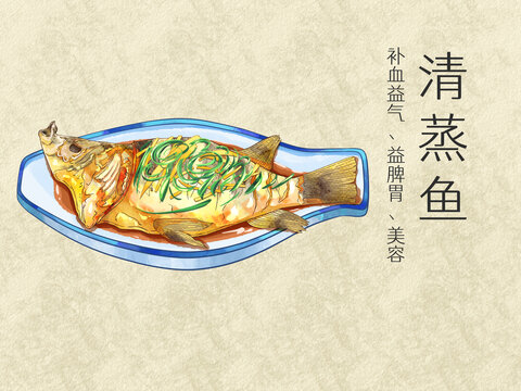 手绘水彩传统美食清蒸鱼插画