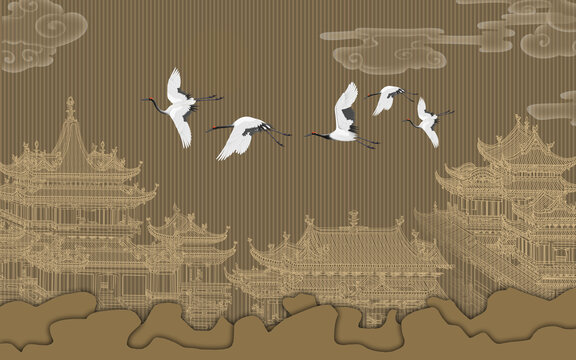 新中式装饰画楼阁背景墙