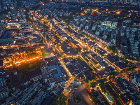 航拍南京老城秦淮河建筑景观