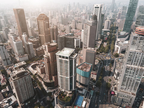航拍南京商业区摩天大楼
