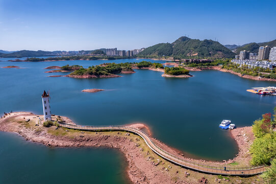 航拍杭州千岛湖等塔特写