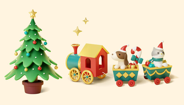 可爱圣诞树及搭乘小火车的玩偶模型元素集合