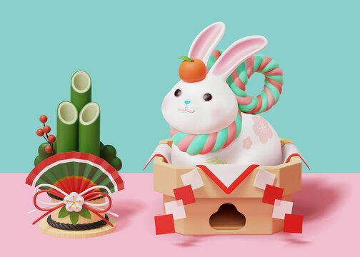 三维日式可爱兔子镜饼新年素材