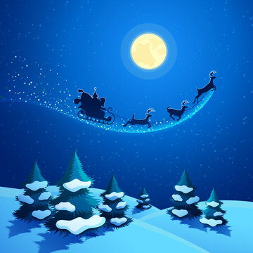 雪橇在夜空中飞行圣诞节贺图