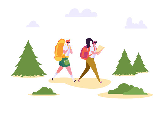 情侣在森林徒步旅行概念插画