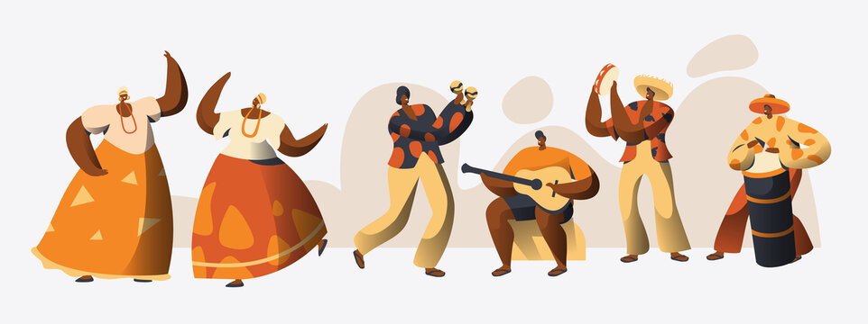 巴西狂欢节人物跳舞伴奏平面插图