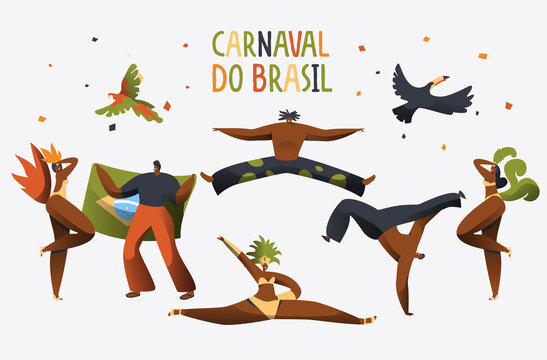 巴西狂欢节人物性感跳舞及鸟类插图