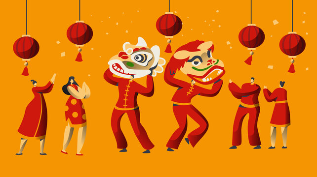 中国新年舞狮表演庆祝贺图