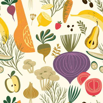 新鲜蔬菜水果四方连续纹样插图
