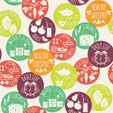 健康生活概念圆形标签四方连续纹样