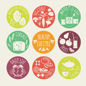 缤纷健康饮食生活概念 圆形贴纸插图素材