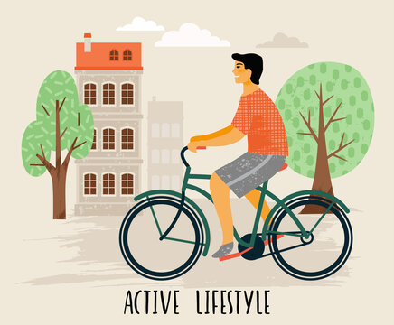 在城市街道上骑自行车的男人插图