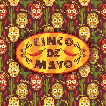 满版彩绘骷髅头及仙人掌 墨西哥五月五日插图