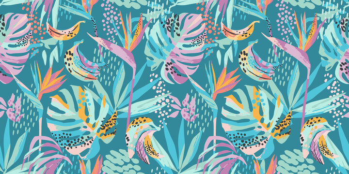 有机热带树叶与花朵四方连续纹样插图