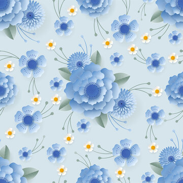 淡蓝色纸艺花卉四方连续纹样