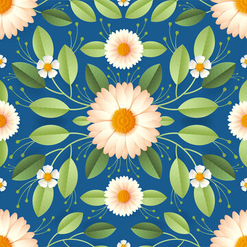 纸艺花卉及叶子对称排列四方连续纹样