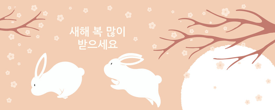 兔子在梅花树下嬉戏 韩国新年横幅