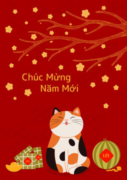 开花的树下猫咪坐在礼品旁 越南春节贺图