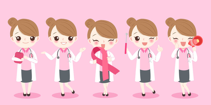 医生戴着粉红丝带宣传 乳腺癌防治人物插图