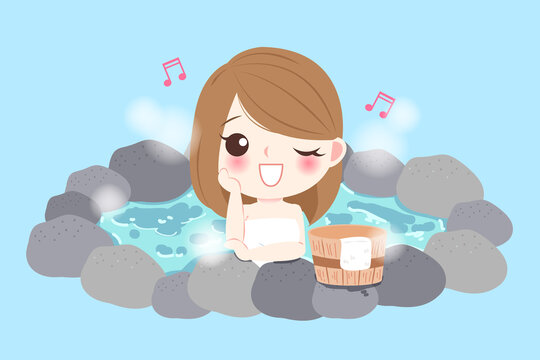 卡通女性泡在石头温泉里平面插图