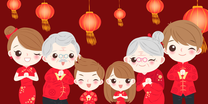 一家人穿旗袍拜年 中国春节贺图