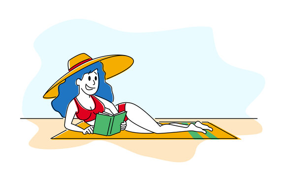 手绘风女人侧躺在沙滩上看书插图