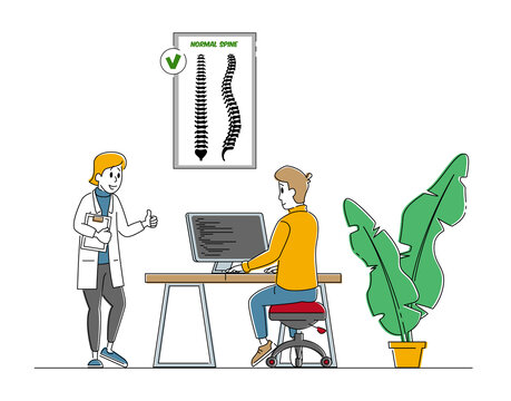 医生称赞正确坐姿 健康脊椎手绘风插图