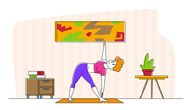 手绘风女人在室内做三脚式瑜伽插图
