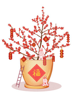 中国风春节冬青盆栽红红火火
