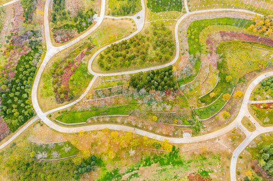 航拍郑州市森林公园蜿蜒山路