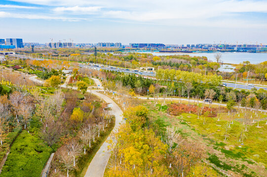 航拍郑州市森林公园秋景