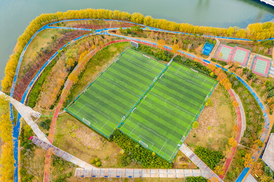 航拍郑州足球公园绿茵场