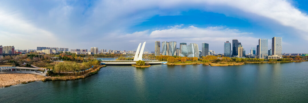 航拍郑州龙子湖公园全景图