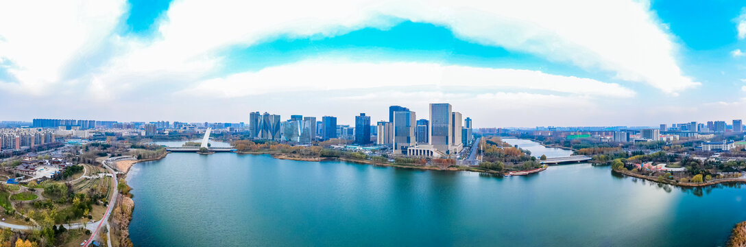 航拍郑州中原龙子湖智慧岛全景