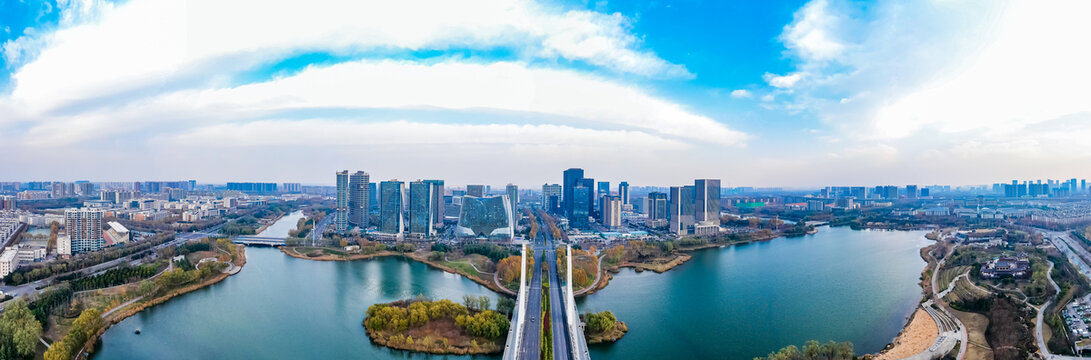 航拍郑州龙子湖智慧岛全景图