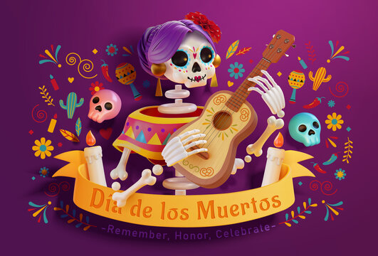 紫色三维墨西哥亡灵节横幅 插画装饰背景